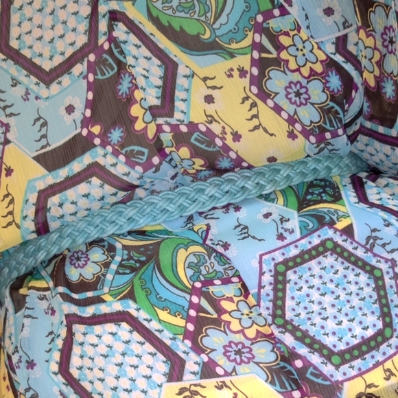 🗺️ Boho Printed Peasant Shirt Blouse w/ Braided Belt included Semi-Sheer, Small - Picture 4 of 10